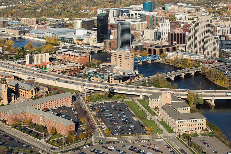 Aerial photo of GVSU City Campus in Grand Rapids, MI
